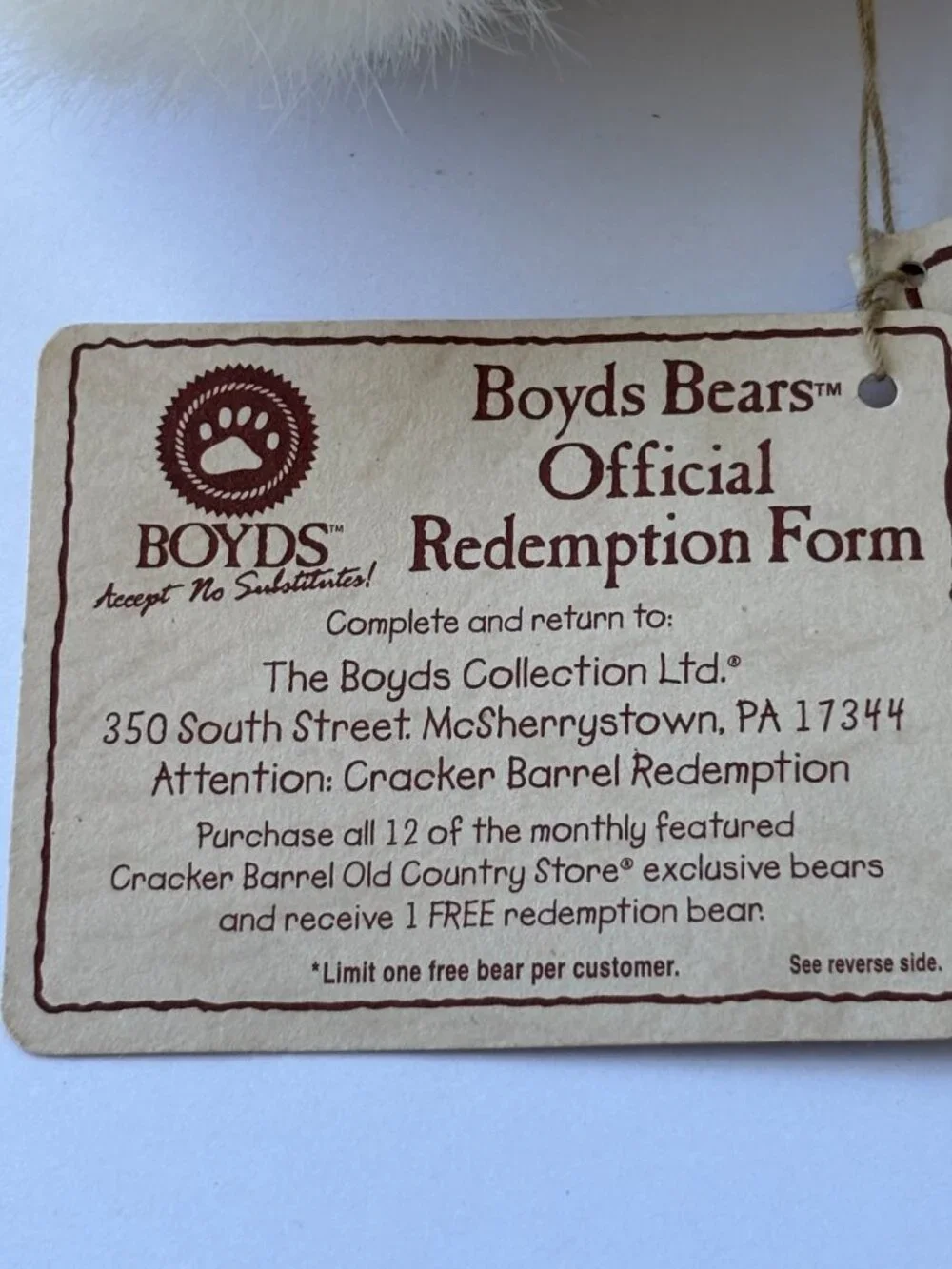 Vintage Boyds Bears Cracker Barrel Exclusive Free Redemption Bear NWT - Picture 7 of 7